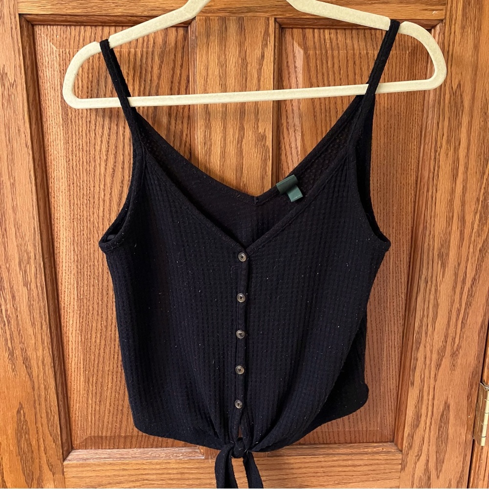 Wild Fable Black Waffle Knit Button Up Tie Knot Tank Crop Top Size S